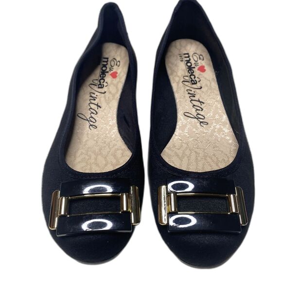 EU MOLECA VINTAGE Ballet Flats Velvety Finish Made in Brazil Womens 5 Black Gold - Picture 2 of 7